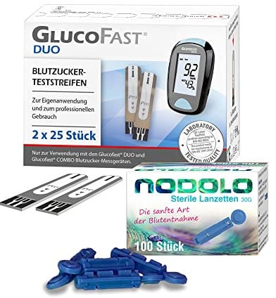 GLUCOFAST Duo 50x Blutzucker-Teststreifen + 100x Nodolo Lanzetten | Präzise Diabeteskontrolle | Verwendung mit Glucofast Duo Blutzucker-Messsystem