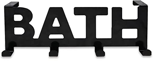 Over the Door Hook Hanger with 4 Hooks, Towel Rack for Bathroom Door, Decorative Metal Bath Hanger for Coat Robe Bag, Heavy Duty Hanging Organizer for Bedroom Kitchen (Black)