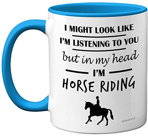 Stuff4 Horse Gifts for Women Men - in My Head I'm Horse Riding - Riding Gifts for Lovers, Mugs Girls, Rider 11oz Ceramic Dishwasher Safe Blue Handle Mugs Cup