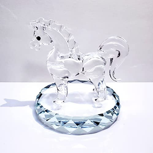 DECRZPB Handgemachtes weißes Pferd aus Kristallglas mit Sockel farbige Glasur Tier mundgeblasenes Glas Wohnzimmer Briefbeschwerer Geburtstagsgeschenk Tischdekoration