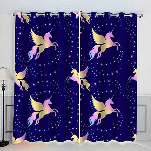 LUORU 3D Sternenklarer Himmel Vorhänge Abdunkelnd mit ösen 110x95 cm Polyester Scheibengardinen Regenbogen Einhorn Gardinen Blickdicht 2er Set Schallschutz Vorhang für Kinderzimmer Schlafzimmer