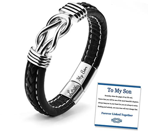 SUNSH Immer miteinander verbunden geflochtene Leder Armbänder Edelstahl Armband für Männer mit Zitat Manschette 9’ Zoll Armband für Sohn Inspirierendes Geschenk für Sohn Freund Teenager