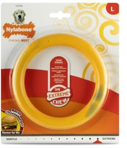 Nylabone Extreme zähes Hundekauspielzeug Riesenring, Langlebig, Geschmacksrichtung Bacon Cheeseburger, Groß, für Hunde bis zu 23 kg