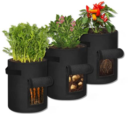 SUBTLETY 38L Kartoffel Pflanzsack aus Vliesstoff 10 Gallonen Pflanzsäcke mit Sichtfenster und Tragegriff Tragbares Pflanzen Tasche für Kartoffeln Tomaten Knoblauch Radieschen (3 Stück, Schwarz)