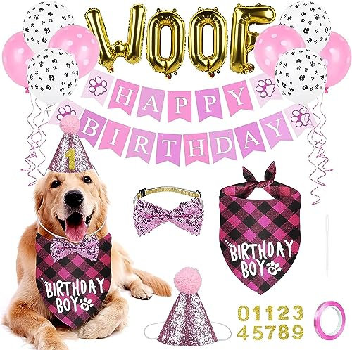 Hund Geburtstagsfeier Dekoration mit Hunde Halstuch Hund Geburtstagstuch WOOF Luftballons Alles Gute zum Geburtstag Banner Paw Print Luftballons Fliege Kragen für Haustier Dekorationen