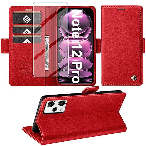 Giyer Handyhülle für Xiaomi Redmi Note 12 Pro 5G Hülle mit Displayschutzfolie, Schutzhülle Note 12 Pro PU Leder Wallet Flip Case Ständer Kartenfach Klapphülle für Xiaomi Note 12 Pro Tache (Rot)