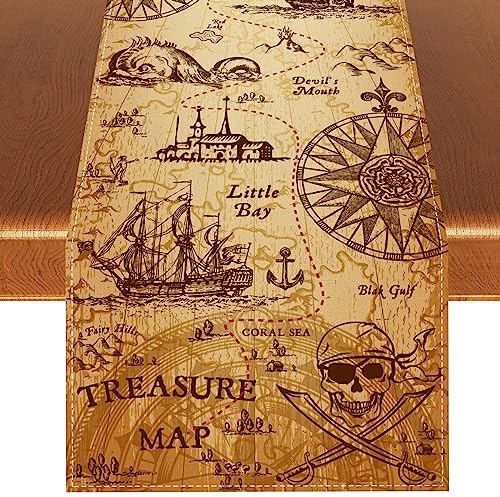 Rvsticty Leinen-Tischläufer, Piraten-Party-Tischdecke, Indiana-Jones, Party-Dekoration, Piratenschatz, Piraten-Party-Dekorationen und Zubehör für Zuhause, Party, 33 x 183 cm