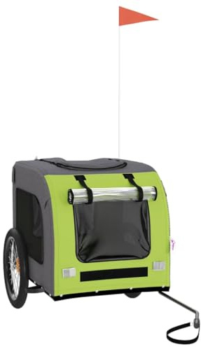 vidaXL Fahrradanhänger für Hunde, Hundeanhänger mit Reflektoren Flagge, Hundetransporter Maximale Belastbarkeit 45kg, Grün Grau Oxford-Gewebe Eisen