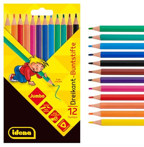 Idena 20138 - Jumbo Buntstifte mit 5 mm dicker Mine in 12 Farben, 12 Stück holzfreie Farbstifte in ergonomischer Dreiecksform, verpackt im Kartonetui