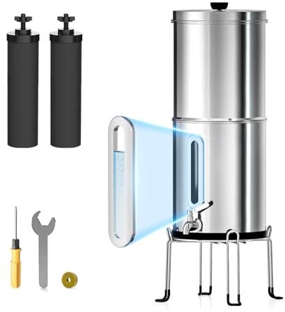 Purewell Gravity Ultrafiltration Water System, EU 98/37/EC Certified, 304 Stainless Steel Countertop System with 2 Filters and Mounts, Reduces Chlorine by 5,7 Litres