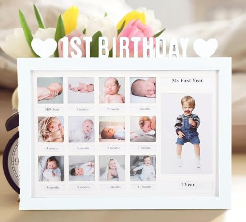 AIDIER Baby Bilderrahmen Erinnerung für Erste Jahr 12 Monate Fotorahmen Collage für 12 Fotos Fotocollage Baby Geburtsgeschenk für Neugeborene Babyparty Ersten Geburtstag Geschenke