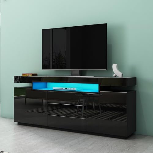 Modernes LED Sideboard TV Schrank Kommode mit 2 Türen und 3 Schubladen Hochglanz für Wohnzimmer Esszimmer Schwarz 160 x 35 x 72cm