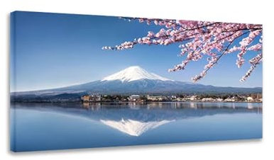 Quadro Su Tela Giappone Primavera Monte Fuji Fiori di ciliegio Quadri di paesaggi Immagine panoramica Stampa su tela Opera d'arte moderna per soggiorno 20x36 cm Con cornice
