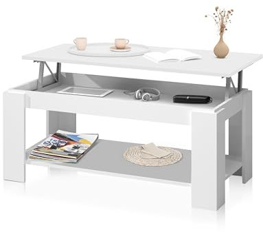 duehome | Mesa de Centro Elevable, Mesa Auxiliar, Modelo LYA, Acabado en Color Blanco Artik, Medidas: 102 cm (Largo) x 50 cm (Ancho) x 43-54 cm (Alto)