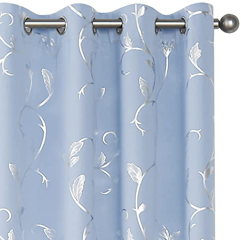 BUHUA Blauer Verdunkelungsvorhang, 2-teiliges Set, silberner Weinreben-Foliendruck, wärmeisoliert, Vorhänge zur Raumverdunkelung, Fensterbehandlung, 132 x 244 cm, Hellblau