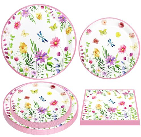 Confezione da 120 piatti e tovaglioli di carta con fiori di campo e fiori primaverili, decorazioni per baby shower, compleanni, per picnic, matrimoni, tea party, 40 pezzi
