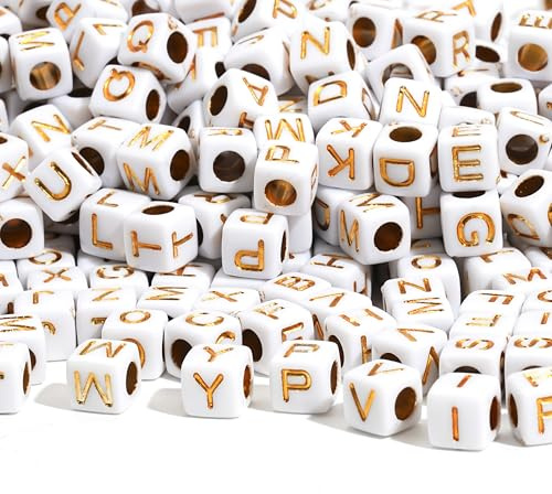 HERZONE 1000pcs buchstabenperlen zum Auffädeln gold Acryl Alphabet Perlen Mix A-Z Perlen für die Schmuckherstellung DIY Halskette Armband Schlüsselbund (weiss gold /6x6mm)