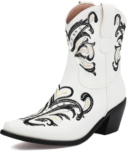 Roimaash Moda Embroidery Stivali Cowgirl Ankle High Stivali Cowboy Pull on Mid Heel Western Stivaletti Wide Calf Country Stivali Elegant Beige Plus Size 39