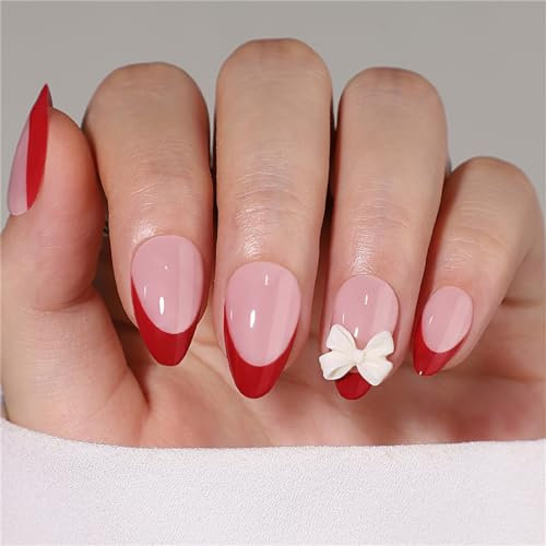 Lot de 24 faux ongles courts à presser en amande avec nœud élégant et uni Rouge French manucure pour femmes et filles