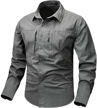 Ewleguzka Herren Outdoor Shirt Langarm Sonnenschutz Wandern Angeln Outdoor Shirt Button Down Schnelltrocknend Militär Taktische Hemden, Grau4, M