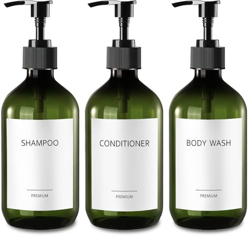 Gmisun Green Soap Dispenser, 17 Fl / 500ml Plastic Shampoo and Conditioner Dispenser with Pump & Labels, Refillable Bathroom Shower Gel Soap Dispensers, 3Pcs Hand & Body Wash Pump Bottle Dispensers