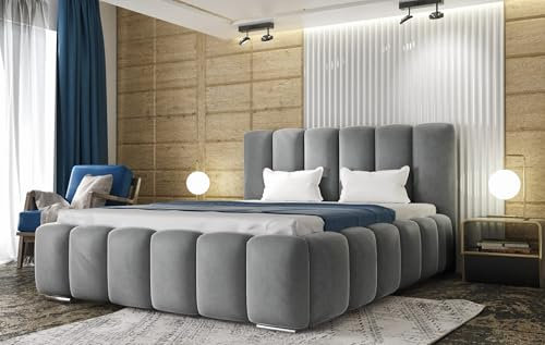 AGMAT-FURNITURE Polsterbett Bali mit Kopfteil, 160 x 200 cm, Doppelbett mit Bettkasten und Lattenrost aus Metall, Velourstoff: Grau