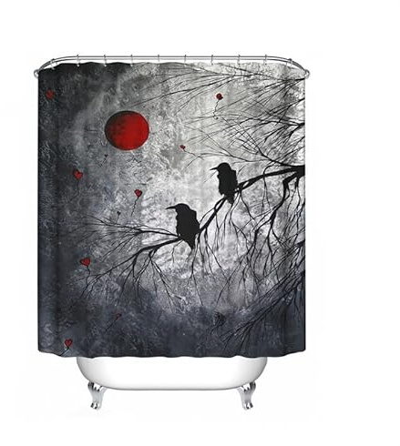 Halloween Shower Curtain Black Crow Dead Tree in Creepy Bloody Red Full Moon Night Gothic Misty Forest Raven Halloween Bathroom Decorative Curtains