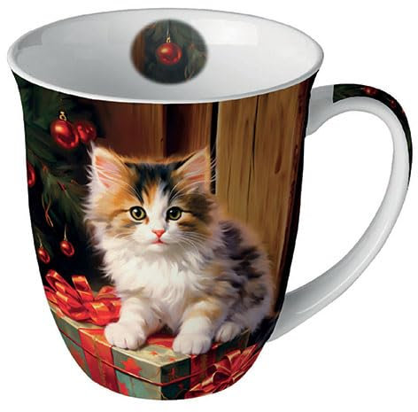 Ambiente Kaffeetasse Teetasse Becher 0,4 l Fine Bone China Porzellan Katze am Weihnachtsabend Weihnachten Advent Serie Molly