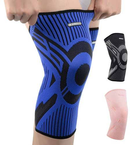 INDEEMAX 2er Pack Kniebandage Damen und Männer, Kompression Kniestütze für Arthritis, Meniskus, ACL, Sport, Laufen, Fußball, Atmungsaktiv Knie Bandage mit Anti Rutsch Silikonstreifen, Blau,L
