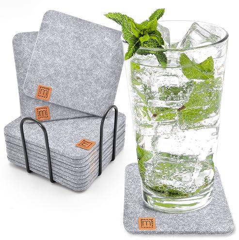 Miqio® Design Filz Glasuntersetzer eckig | 12-er Set + Halter | Nachhaltige Oekotex Untersetzer für Getränke, Kerzen, Tassen, Bar, Gläser | Tisch Deko | hellgrau