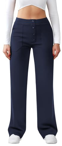 Friptspyg Hose Damen Hohe Taille Weite Hose Knopf Gerades Bein Hose Casual Arbeit Hose Stretch Yogahose mit Taschen