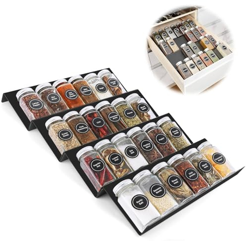 Organizador de Especias Ajustable para Cajones 4 pcs, Especiero cajon Cocina extensible para almacenamiento en cocina encimera gabinete estante, negro