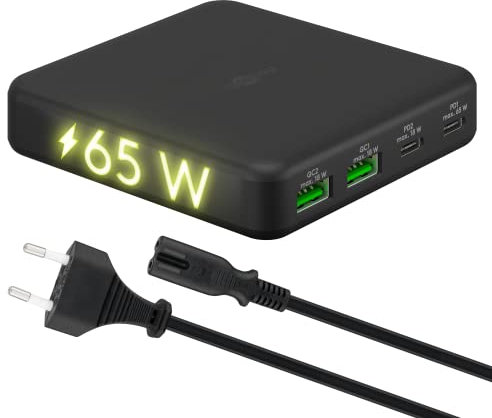 goobay Multiport-Ladegerät, USB-C PD GAN 65 W, 2 x C-Ports (Power Delivery) und 2 x A-Ports (Quick Charge 3.0), Schnellladestation mit 4 Eingängen, kompatibel mit MacBook, iPhone, Samsung