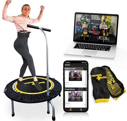 Boogie Bounce Studio Rebounder | Double Folding & Super-Quiet Fitness Trampoline For Adults & Children | New Mobile App & Online Workouts Every Month | Adjustable Handle & 20st Weight Limit