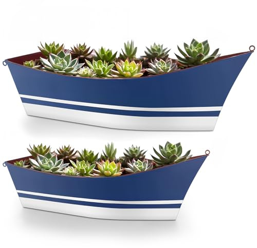 Afarnook 2 Pcs Metal Boat Planters, for Patio Garden Decor | Garden Boat Planters, Nautical Metal Flower Tubs, for Potted Plants, Wedding Birthday, Spring Party, Tabletop Decor