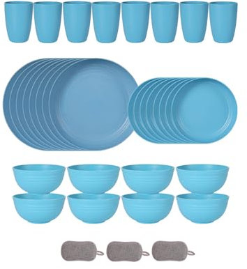 Set di Posate in Plastica da 32 Pezzi Per 8 Persone Ciotole Piatti e Bicchieri Riutilizzabili Posate da Picnic Colorate e Infrangibili Adatto al Microonde e Alla Lavastoviglie (Blu)