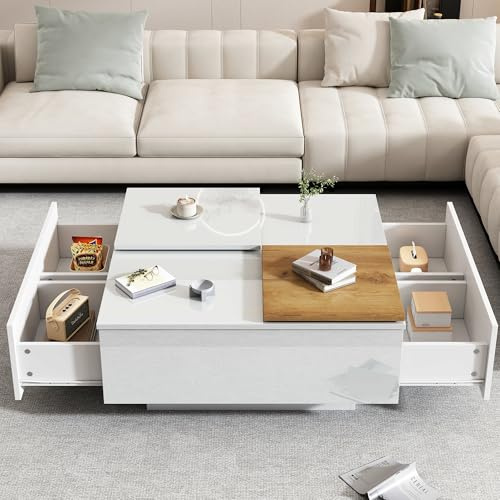 BTM Moderner hochglänzender weißer Holzfarbe quadratischer Couchtisch mit Ablagefläche 75 * 75 * 33,5cm, kleine verschiebbare Tischplatte, max. 30kg belastbar