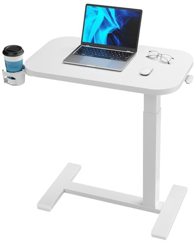 HUANUO Höhenverstellbarer Beistelltisch mit Rollen, 80x45cm | Mobiler pneumatischer Laptoptisch, Becherhalter, höhenverstellbar, ideal für Homeoffice & Büro, leichtgängige Rollen