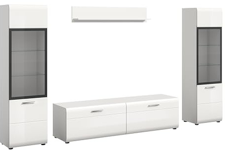 xonox.home – Wohnkombination Ice 280x160x41 cm in Front weiß Hochglanz Korpus weiß – Große Wohnwand-Kombination für Dein Wohnzimmer – stilvoll & vielseitig nutzbar