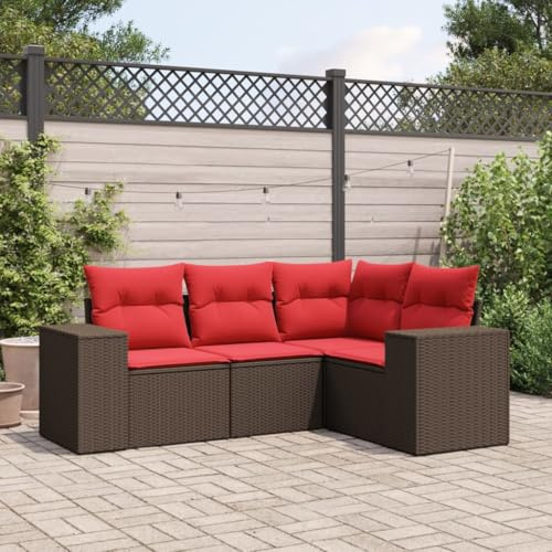 mzdioop 4-teiliges Gartensofa-Set, braun, aus Polyrattan, mit dicken roten Kissen, modular, wetterfest und UV-beständig für Terrasse, Balkon und Outdoor-Bereich