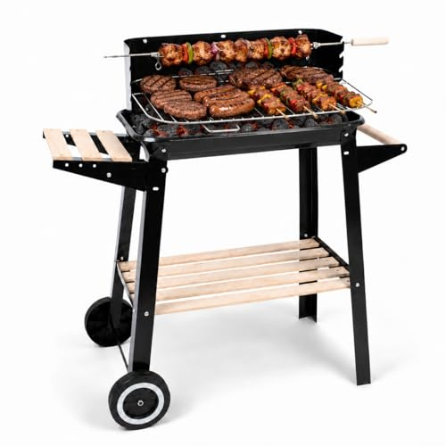 Barbecue a Carbonella con Ruote e Griglia Regolabile, con Girarrosto, Paravento, Ripiano Laterale e Scaffale in Legno – Ideale per 2-6 Persone – Giardino e Terrazzo