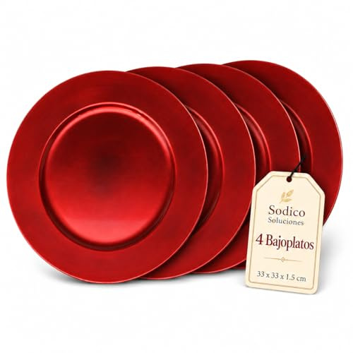 SODICO SOLUCIONES Bajoplato Decorativo de 33 cm - Plato de Presentación Redondo Decorativo para Navidad, Bodas, Fiestas y Celebraciones - Ligero, Lavable y No Apto para Microondas (4, Rojo)