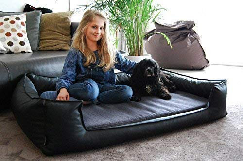 tierlando® Orthopädisches Hundebett Linus Ortho Plus, ergonomisches Design-Hundesofa mit Visco-Plus-Matratze, stilvoller Bezug aus Kunstleder und Handwebstoff, Größe: 90x75cm | Farbe: 03 Schwarz