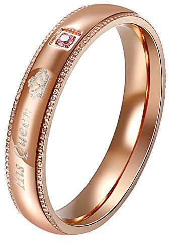 JewelryWe Schmuck Unisex Ringe Edelstahl Ring mit His Queen Zirkonia Freundschaftsringe Eheringe Trauringe Verlobungsringe für Damen Rose Gold, kostenlose Gravur, Größe 54