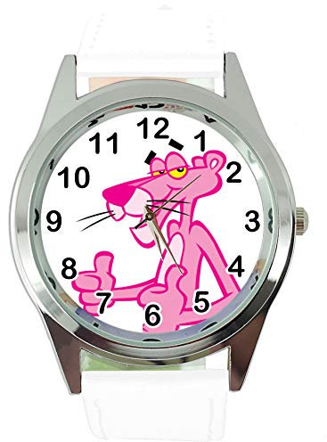 Taport® The Pink Panther Quarz-Armbanduhr, rund, SCI FI, weißes Echtleder-Armband, inklusive Ersatzakku und Geschenkbeutel