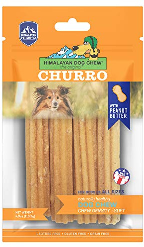 Himalayan Dog Chew Churro Yak Cheese Dog Chews, 100% Natural, Long Lasting, Gluten Free, Healthy & Safe Dog Treats, Lactose & Grain Free, Protein Rich, Real Peanut Butter Flavor, 4 Churros Per Pouch