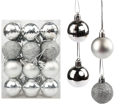 Yisscen Weihnachtskugeln Baumschmuck, Christbaumkugeln, Dekokugeln Weihnachten, Matt Glänzend Glitzernd Dekokugeln, Baumkugeln für Weihnachten Hochzeitsfest Dekoration, 24 Stück (Silber)
