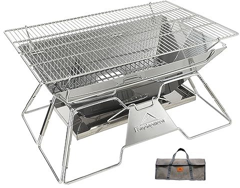 Campingmoon Tragbare Camping-Feuerstelle, Edelstahl, faltbar, Grill, Holzkohle, 50,8 x 33 cm, mit Tragetasche MT-3