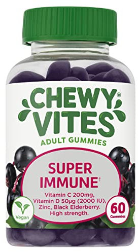 Chewy Vites Adult Super Immune, 60 Multivitamin Gummies, Extra-Strength Vitamin D 2000 IU, 200mg Vitamin C, 8mg Zinc, Elderberry, 2 Months Supply, Real Fruit Juice, Vegan, Elderberry Flavour
