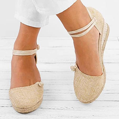 ZYONG Donna Donna Paglia Sandali in Corda di Canapa Retro Tela di Lino con Zeppa Punta Rotonda Sandali Casual Scarpe Singole Eleganti Sandali con Punta Chiusa